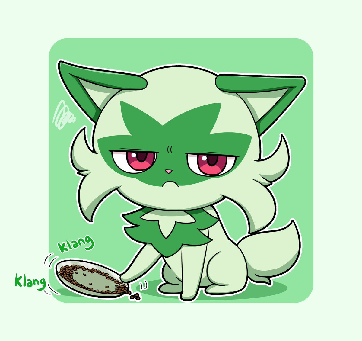 sprigatito pokemon (creature) no humans solo red eyes pet bowl green background squiggle  illustration images