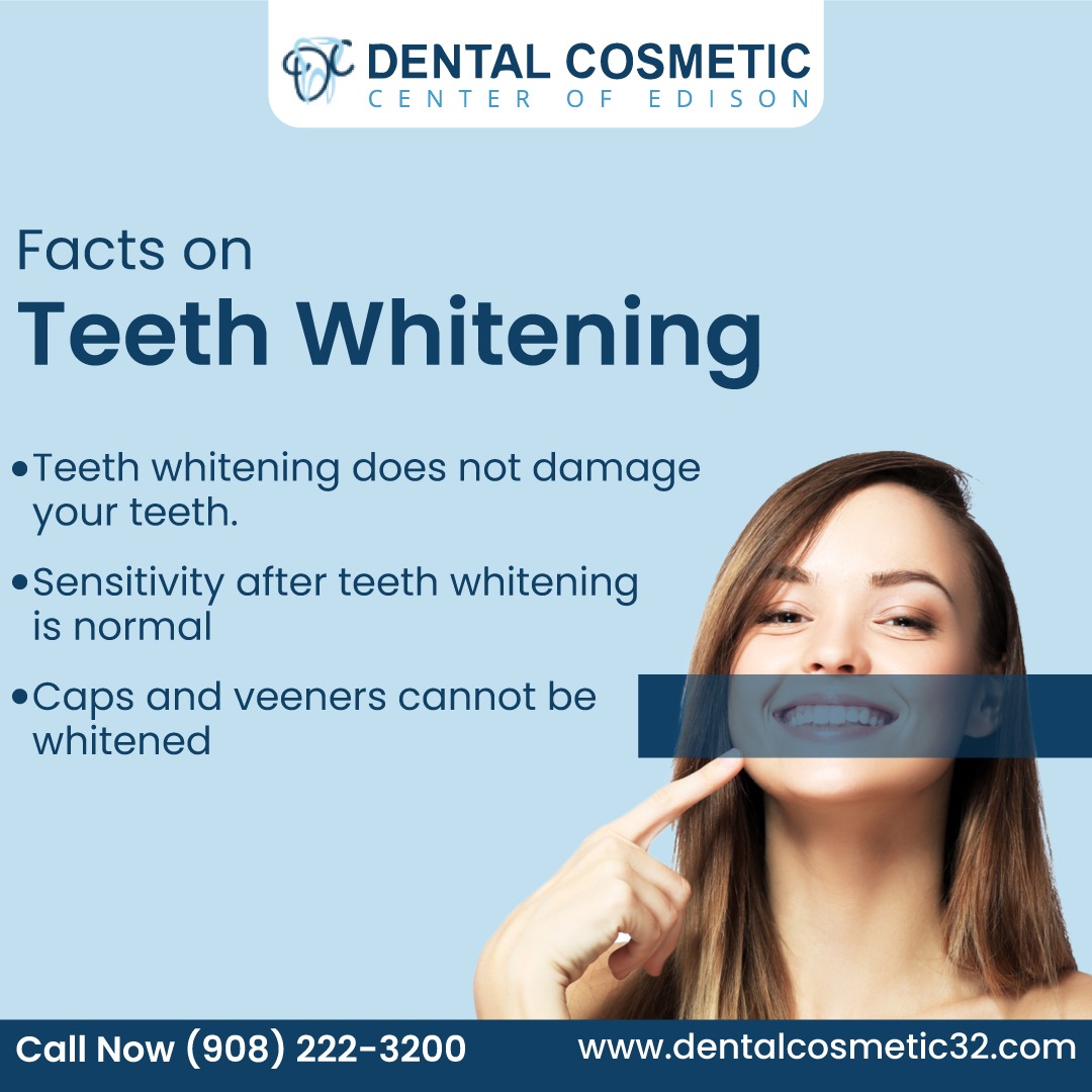 Teeth whitening won't harm your teeth, and a bit of sensitivity is normal. Remember, caps and veneers stay as they are.

#dentalcosmetic #TeethWhiteningTreatment #WhiteningConfidence #BrightSmiles #TeethSensitivity #FactsOnSmiles #SmileBrighter #DentalTruths #TeethCare