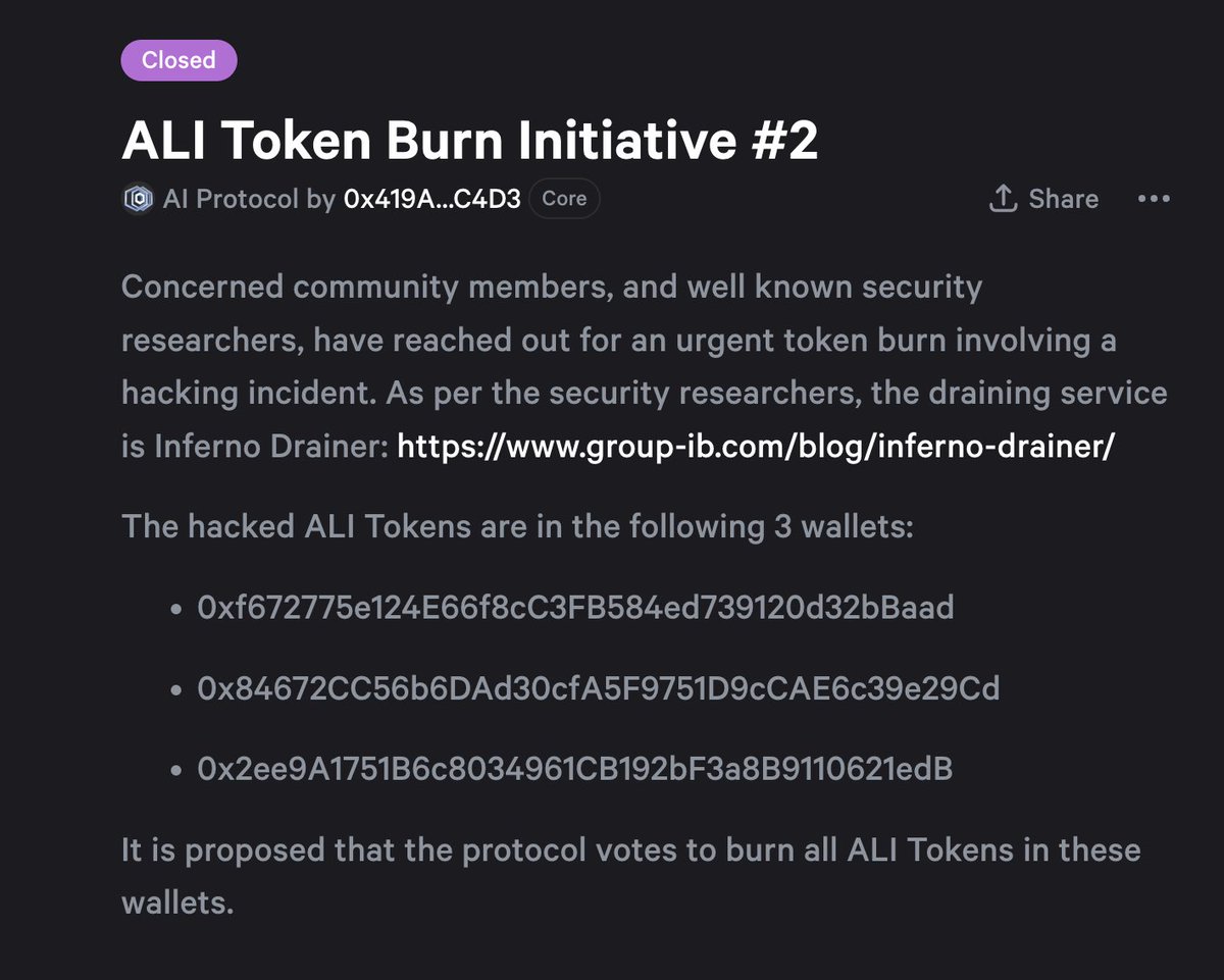 zachxbt's tweet photo. Earlier today a draining service phished $4.3M from an ALI holder 

After seeing a message from @realScamSniffer I immediately alerted the core team and investors who helped put together an emergency community vote to burn the stolen tokens after approval from the victim.

Happy to have assisted in reducing the number of funds these drainer groups steal mercilessly from victims. 

Thanks to @fareastwitcher from Bitkraft and Mat & @Mudit__Gupta from Polygon for responding during odd hours.