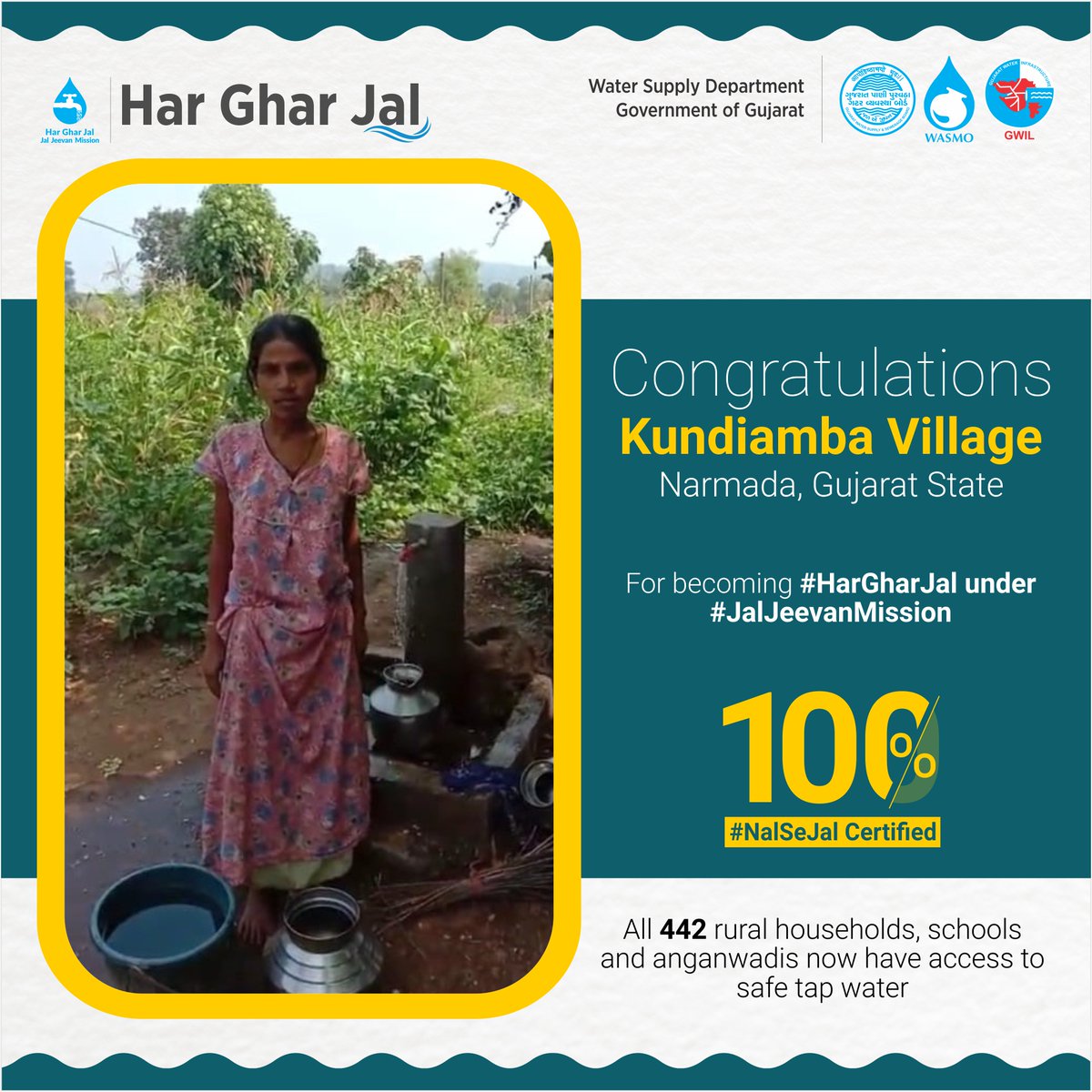 Congratulations to all the people of Kundiamba Village of #Narmada, #Gujarat State, for becoming 100% #HarGharNalSeJal certified. All 442 rural households, schools and anganwadis are now getting safe tap water under #JalJeevanMission