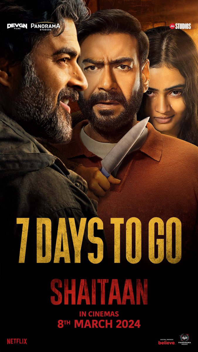 The countdown for this ultimate thriller begins now! #7DaysToGo for #Shaitaan 😈

Taking over cinemas on 8th March 2024.