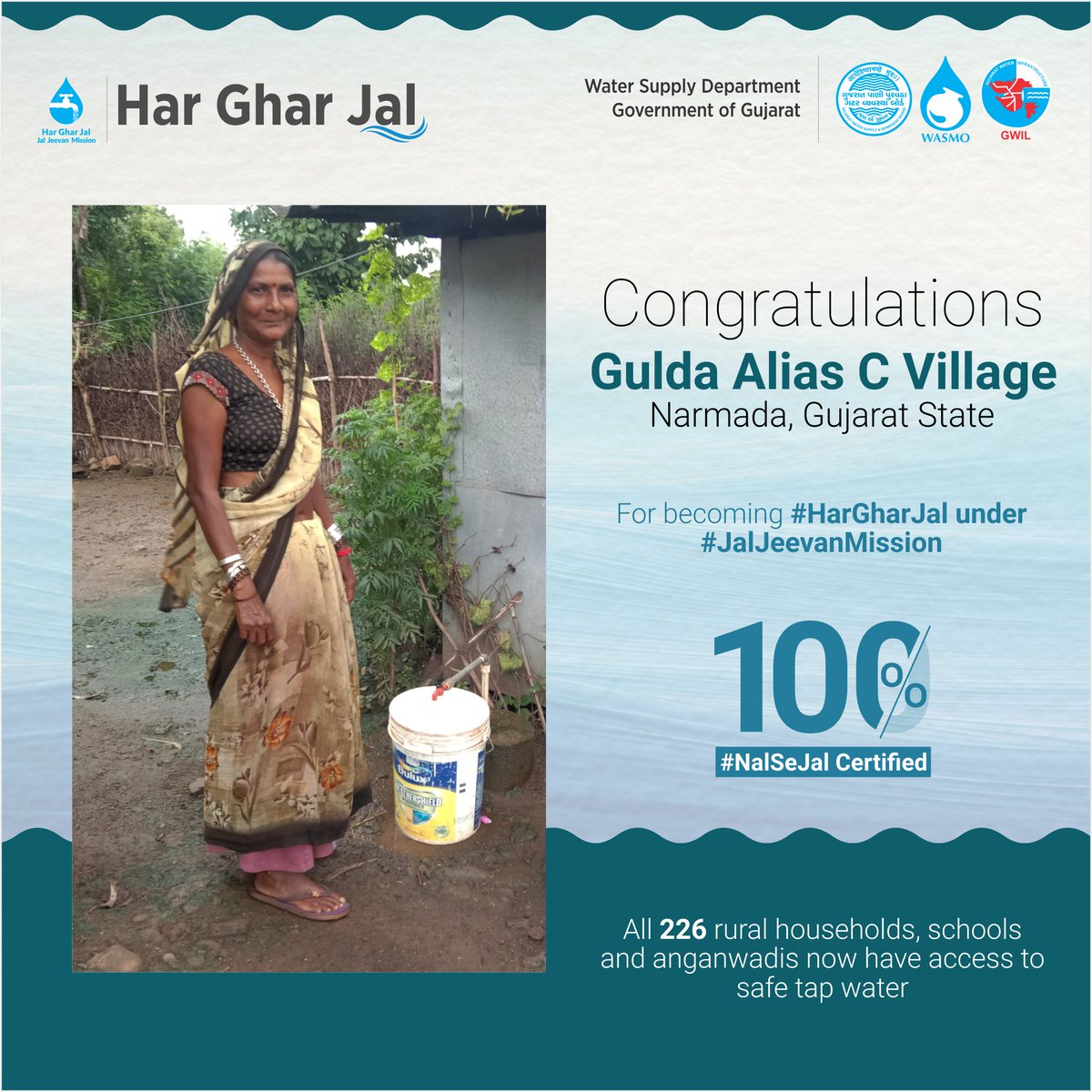 Congratulations to all the people of Gulda Alias C Village of #Narmada, #Gujarat State, for becoming 100% #HarGharNalSeJal certified. All 226 rural households, schools and anganwadis are now getting safe tap water under #JalJeevanMission