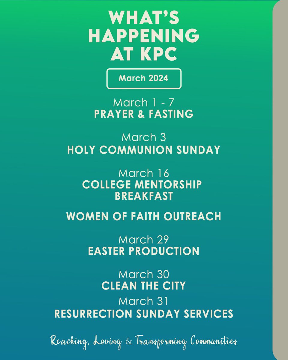 Hey church family, check out what's happening at KPC this month of March 2024 and prepare accordingly. #Wholeness #KPC