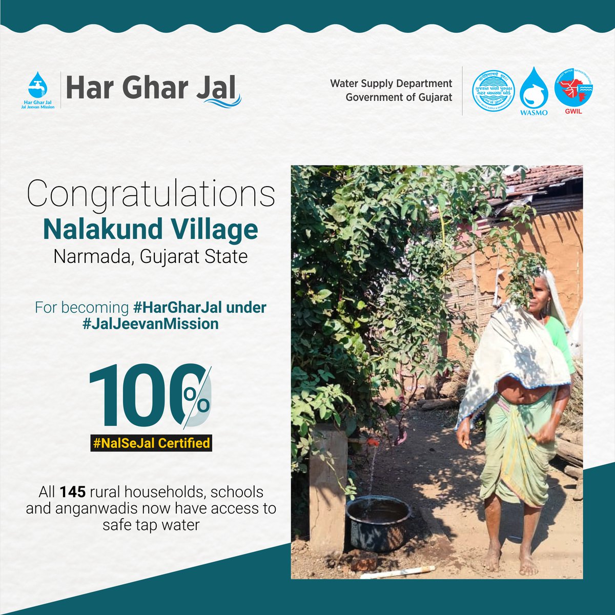 Congratulations to all the people of Nalakund Village of #Narmada, #Gujarat State, for becoming 100% #HarGharNalSeJal certified. All 145 rural households, schools and anganwadis are now getting safe tap water under #JalJeevanMission