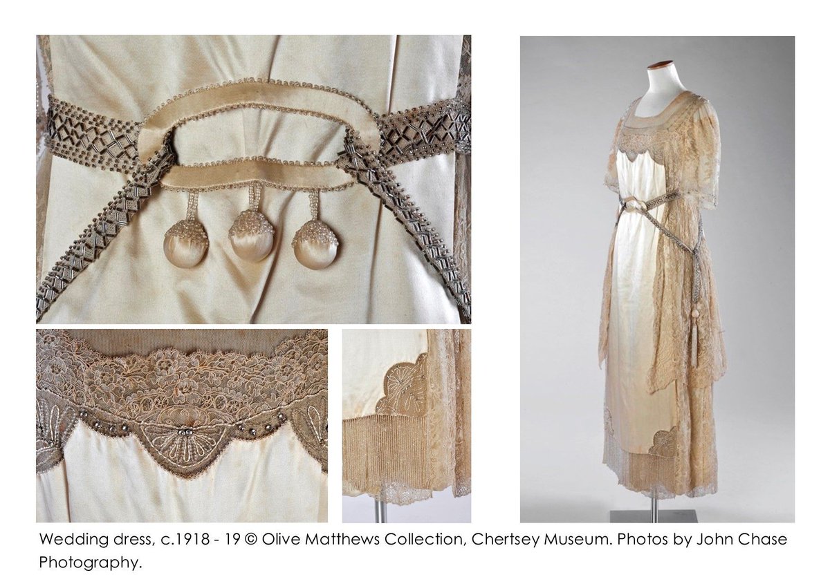 #FridayFrocks #SpringBrides – Wedding dress c.1918. It is made from ivory silk satin and trimmed with lace and glass beads. The shorter hemline is a sign of more liberated fashions for women, even in bridalwear. @johnchasephoto