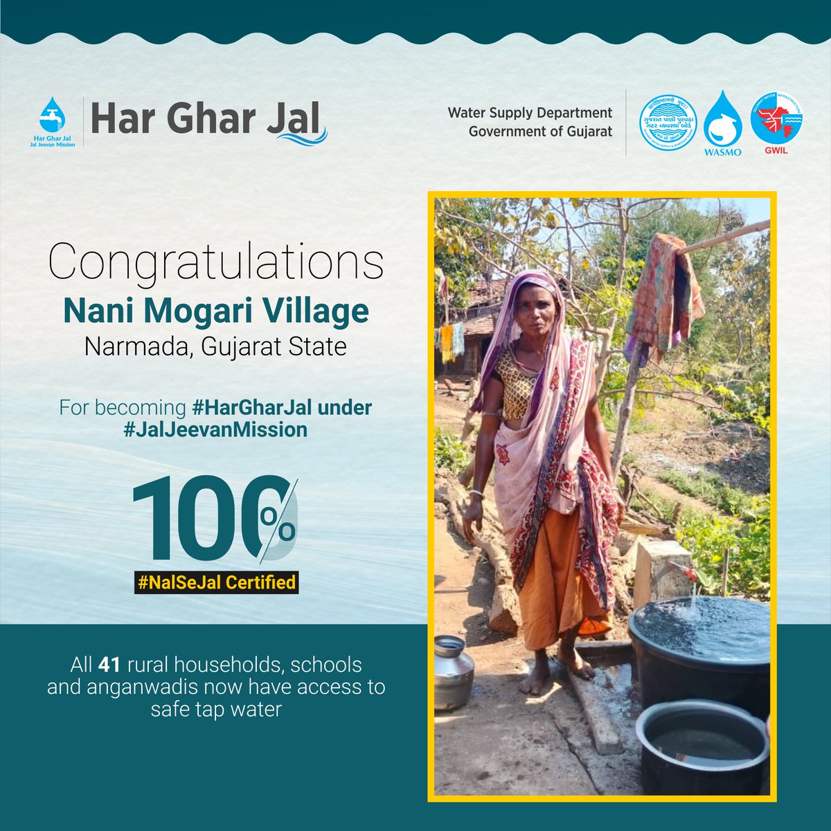 Congratulations to all the people of Nani Mogari Village of #Narmada, #Gujarat State, for becoming 100% #HarGharNalSeJal certified. All 41 rural households, schools and anganwadis are now getting safe tap water under #JalJeevanMission