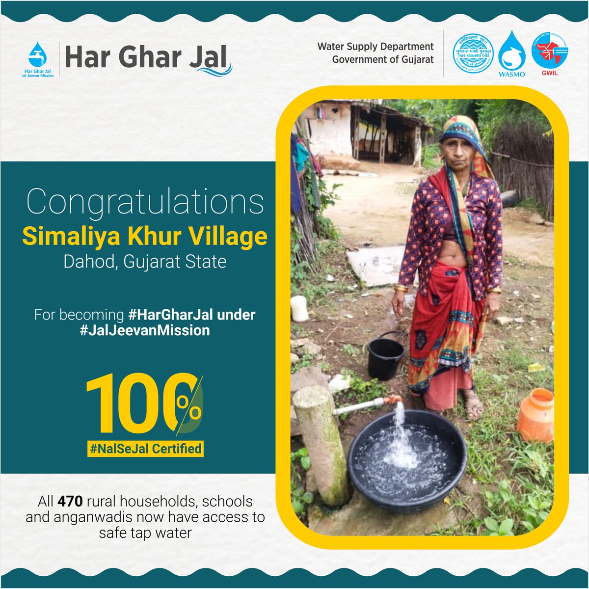 Congratulations to all the people of Simaliya Khur Village of #Dahod, #Gujarat State, for becoming 100% #HarGharNalSeJal certified. All 470 rural households, schools and anganwadis are now getting safe tap water under #JalJeevanMission