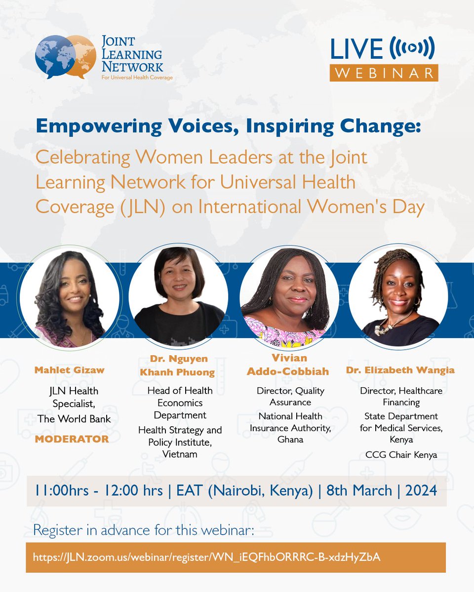 #SaveTheDate : Join us on March 8th for a #IWD2024  #JLNWebinar! We're celebrating the incredible women who shape health policies &amp; advocate for equitable healthcare. Let's honour their resilience &amp; leadership in pushing for #UHC 👉Register Here: bit.ly/3wum9iQ