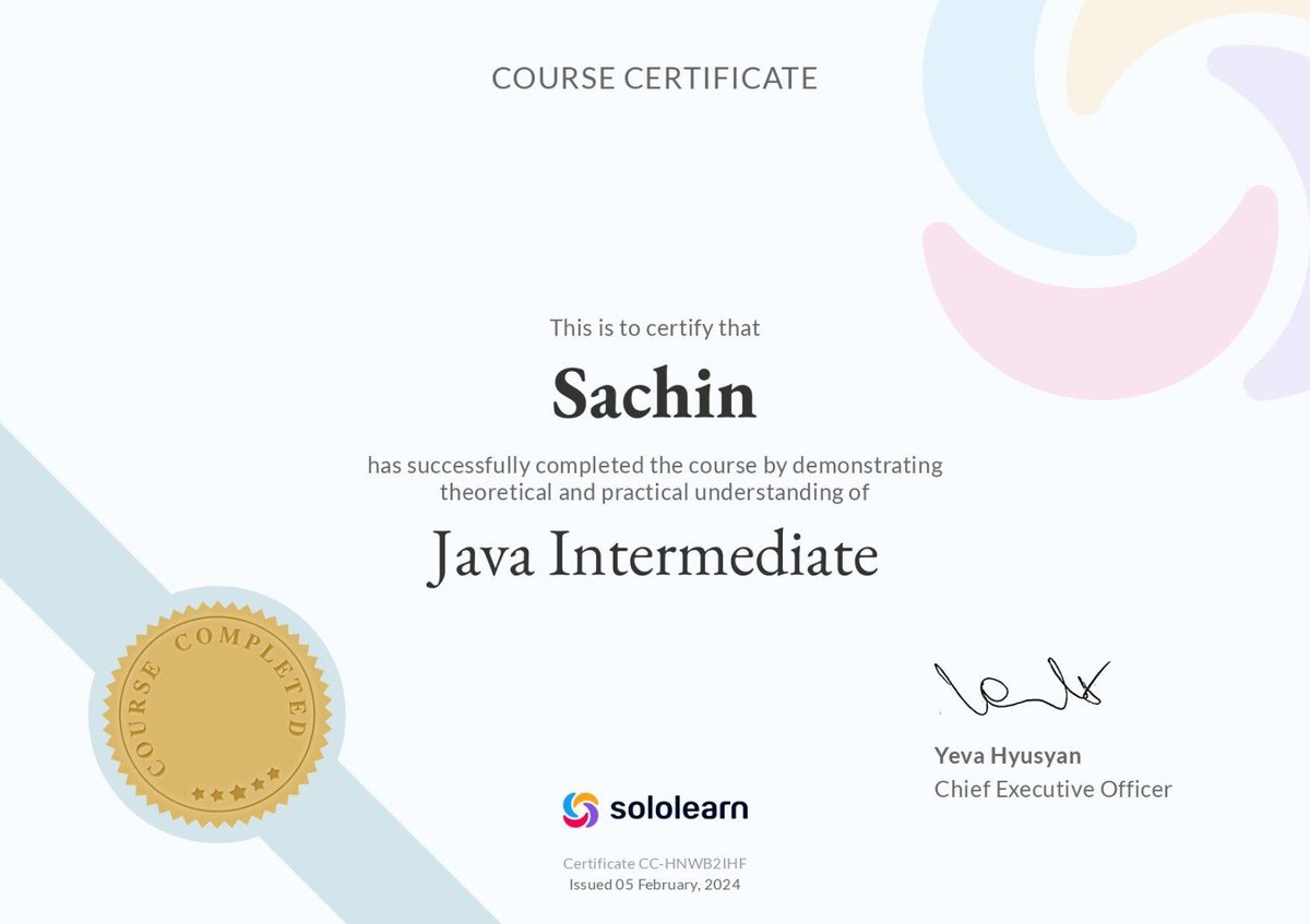 Sachi_n_ydv's tweet image. Excited to share that I have successfully completed the &apos;Java Intermediate&apos; course offered by &quot;Sololearn&quot; . 🚀 This comprehensive program provided a solid foundation in Java programming, covering key concepts, syntax, and best practices.
#Java  #JavaPro #Sololearn 
Let&apos;s Connect