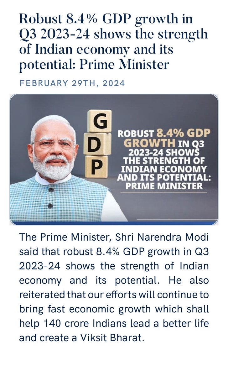 Kumodvarshney's tweet photo. Robust 8.4% GDP growth in Q3 2023-24 shows the strength of Indian economy and its potential: Prime Minister
https://t.co/xZhPrS8gvk via NaMo App https://t.co/iT3ABX7INv