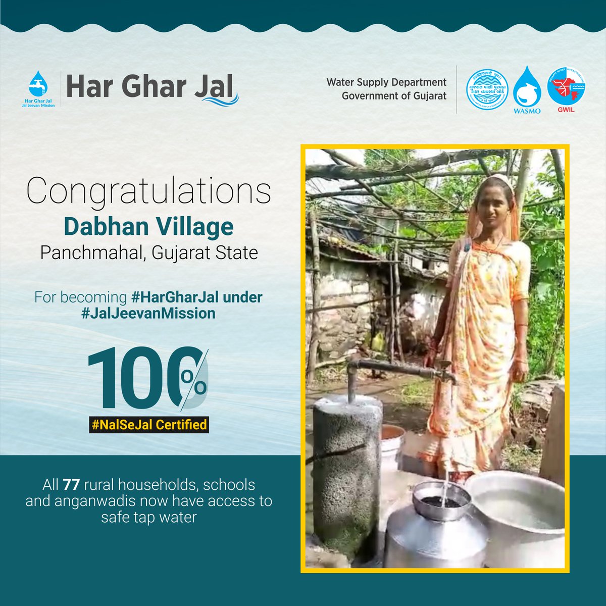 Congratulations to all the people of Dabhan Village of #Panchmahal, #Gujarat State, for becoming 100% #HarGharNalSeJal certified. All 77 rural households, schools and anganwadis are now getting safe tap water under #JalJeevanMission
