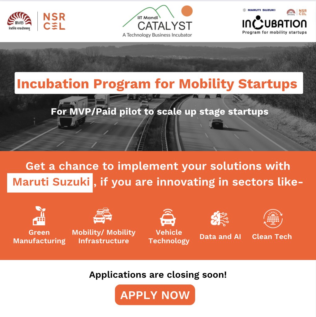 nsrcel's tweet photo. NSRCEL, in collaboration with @Maruti_Corp, is on the lookout for startups that are innovating in AI/ Data, Vehicle Technology, Green Manufacturing, Mobility Infrastructure, and Climate Tech.
#NSRCEL #IIMB #Mobility #Mobilitystartups #innovation #entrepreneurs https://t.co/EMX33s75vG