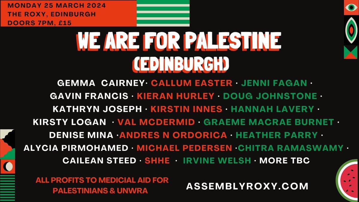 Join us on March 25th for a night of music and spoken word to raises vitals funds for @MedicalAidPal and @UNRWA. Info and tix in the link. With thanks to @kirstininnes @DowntownKeiraB and @AssemblyRoxy for organising. 🇵🇸✊🏽 assemblyroxy.com/whats-on/116-w…