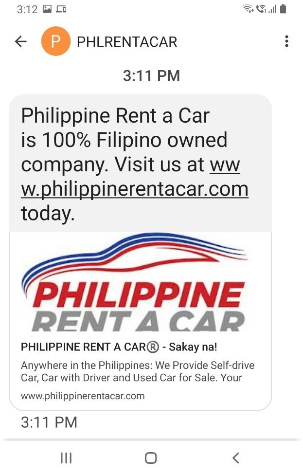 phlrent's tweet photo. A welcome development. Philippine Rent a Car's own SMS vanity name PHLRENTACAR. https://t.co/qTSO72EjS6