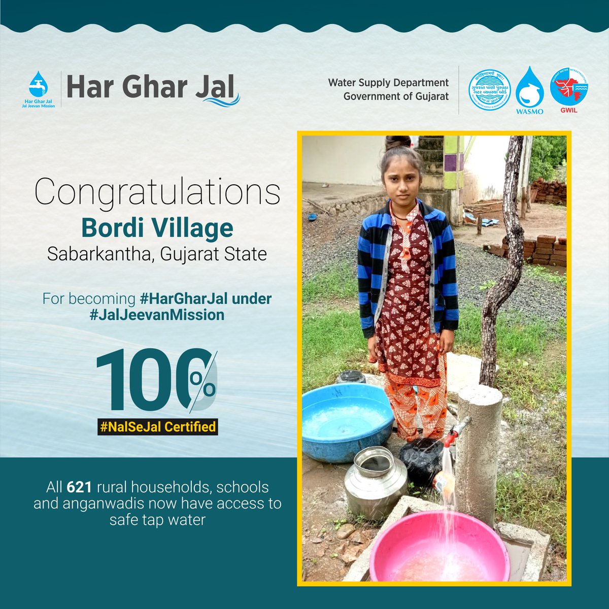 Congratulations to all the people of Bordi Village of #Sabarkantha, #Gujarat State, for becoming 100% #HarGharNalSeJal certified. All 621 rural households, schools and anganwadis are now getting safe tap water under #JalJeevanMission