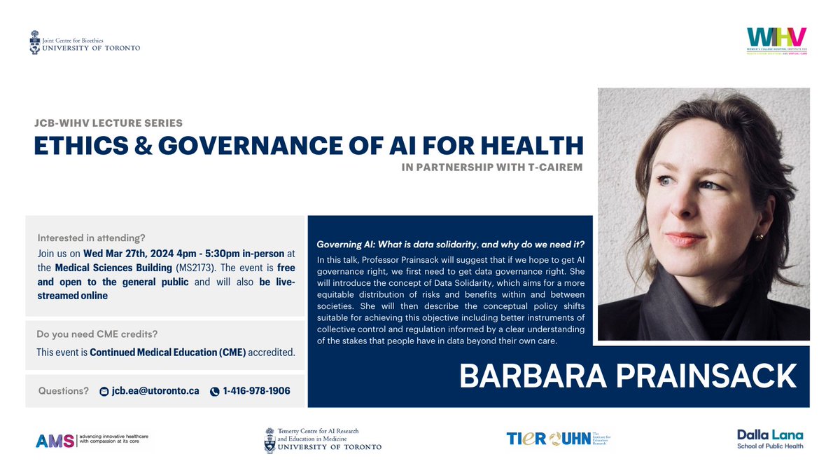 Save the date for our JCB-WHIV lecture on 'Governing AI: What is data solidarity & why we need it?' ft.@BPrainsack on Mar 27th at 4pm. The event is CME-accredited & hosted with WIHV, @UHN, @uoftmedicine & @AMSHealthcare. Online/in-person tickets are live: bit.ly/3OLiq6S