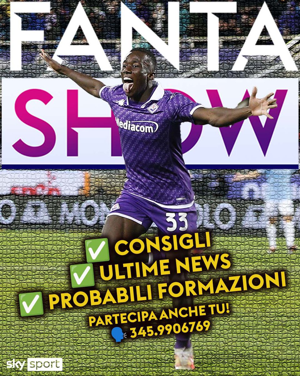 📣 Torna #SkyFantaShow
🗓 Oggi alle 1️⃣8⃣ su #SkySport 24
👥 Con
<a href="/MarioGiunta/">Mario Giunta</a>
<a href="/GianluBagnu/">Gianluigi Bagnulo</a> 
<a href="/fains/">Valerio Spinella</a> 

🤔 Dubbi sulla formazione❓

🗣️ Mandaci un messaggio vocale su whatsapp al numero 345.9906769
🔊 I migliori saranno ascoltati in trasmissione

#SkySerieA