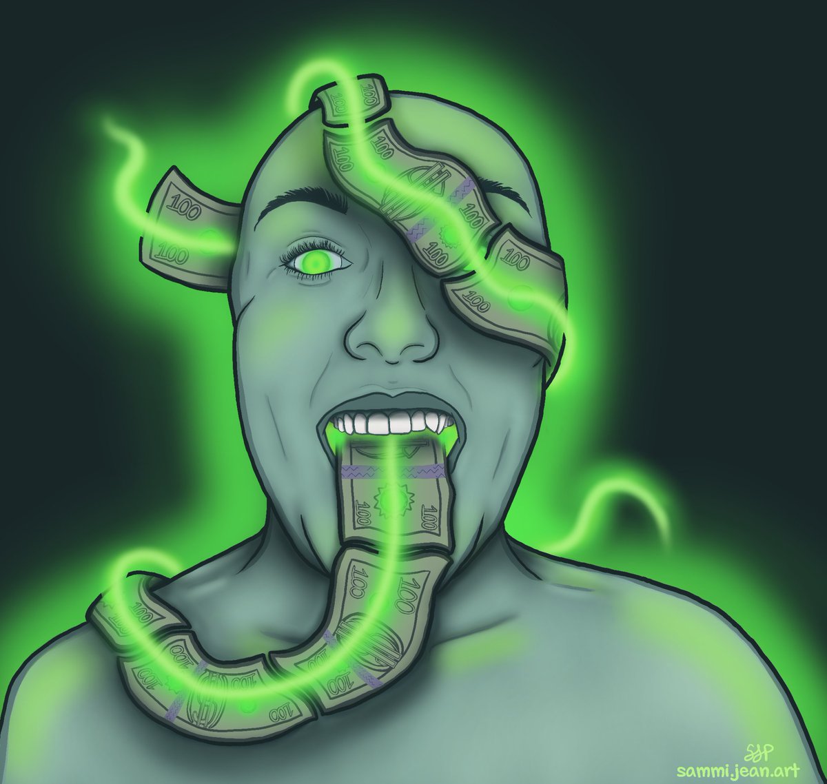 Day 15 of art i've done recently is.... 'Greed'
#sammijeanart #art #artchallenge #Minnesota #localartist #commissionartist #greed #traits #drawing #digitalart #green #minnesotaartist #MONEY #portrait #newart #DigitalArt #originalartwork