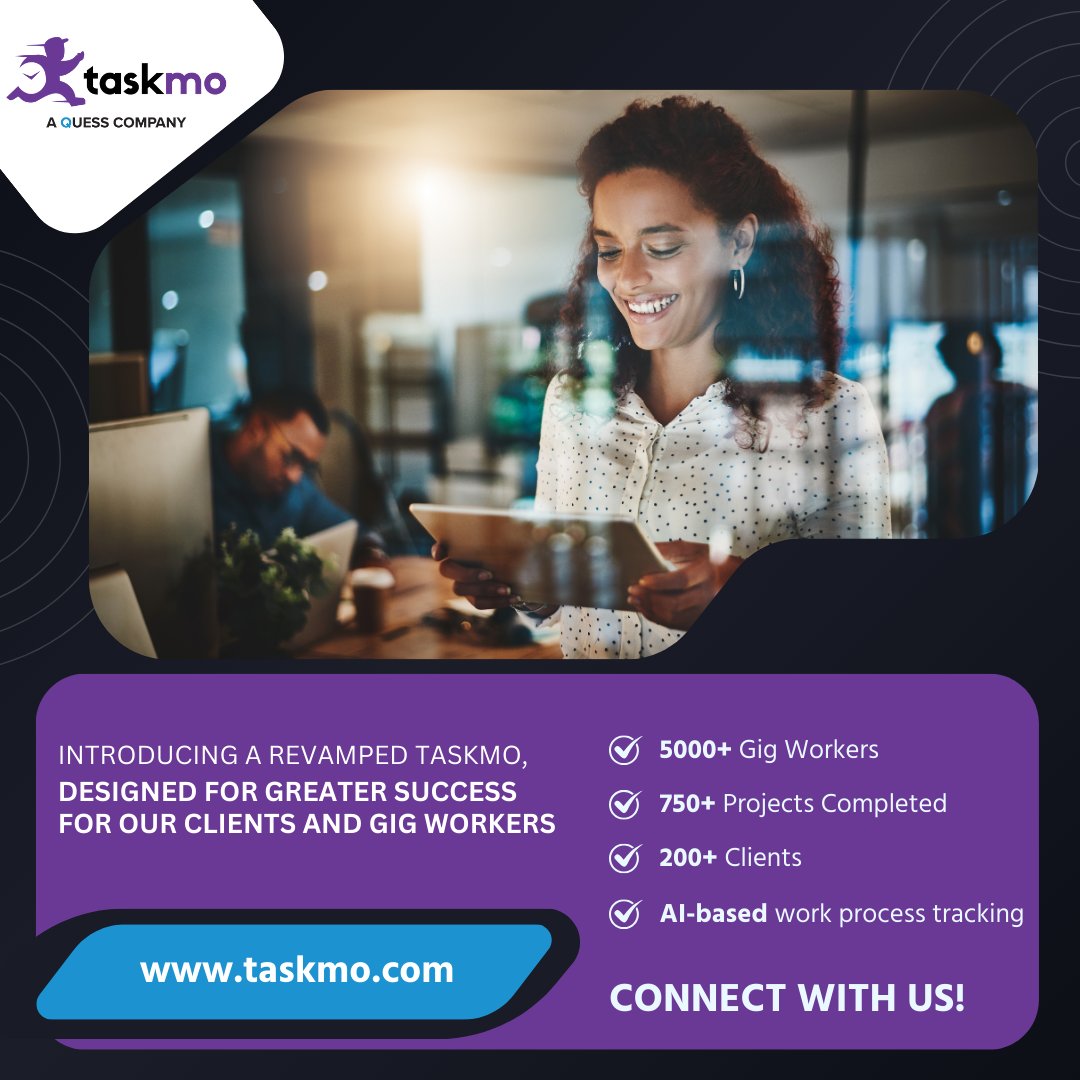 Taskmo_official's tweet photo. Welcome to the new era of efficiency and excellence.

Elevate your expectations as we redefine success with 5000+ empowered Gig Workers, and 750+ completed projects. 

Stay tuned for more updates, innovations, and offerings to minimize efforts and maximize rewards. 

#StayTuned https://t.co/Bbrgb6YgA0