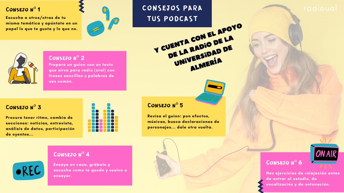 emisoraUAL's tweet image. 🎙️🥰Te dejamos algunos consejos para la creación de pódcast ▶️ y quieres conocer las posibilidades de la 📻Radio de la #UAL puedes escribirnos a 📩ebenavides@fundacionual.es