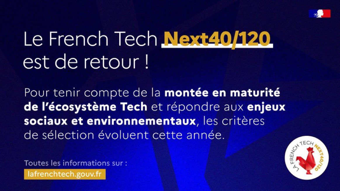 🐓 Les candidatures #FrenchTech Next40/120 sont ouvertes !

Faites partie des 120 startups 🇫🇷 les plus performantes 🚀

Au programme :
✅ Accompagnement de l’Etat
✅ Visibilité accrue
✅ Soutien réglementaire

📅 Candidatez avant le 12/04
Infos 👉 lc.cx/BA93VvbR_9m