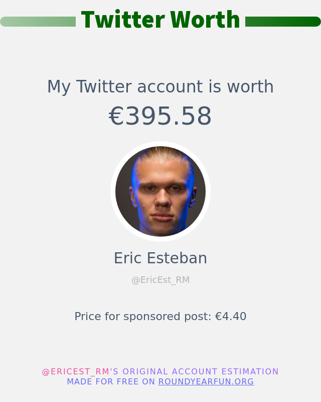 EricEst_RM's tweet photo. Mi valor en Twitter es de: €395.58

➡️ https://t.co/f6KwsK4fcm https://t.co/Jx22QWiidw
