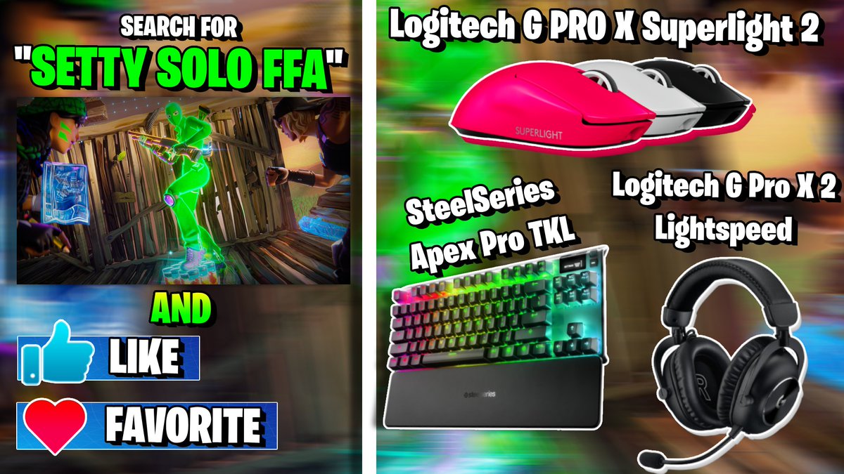 Released a SOLO Version of my FFA Map 🥰 Giving away: 1x Logitech PRO X SUPERLIGHT 2 1x SteelSeries Apex Pro TKL 1x Logitech G Pro X 2 Lightspeed Like & Retweet, Tag 2 Friends, and Comment Proof of Favoriting the map 👀 Code: 1789-3708-6765 or search 'Setty' 💚