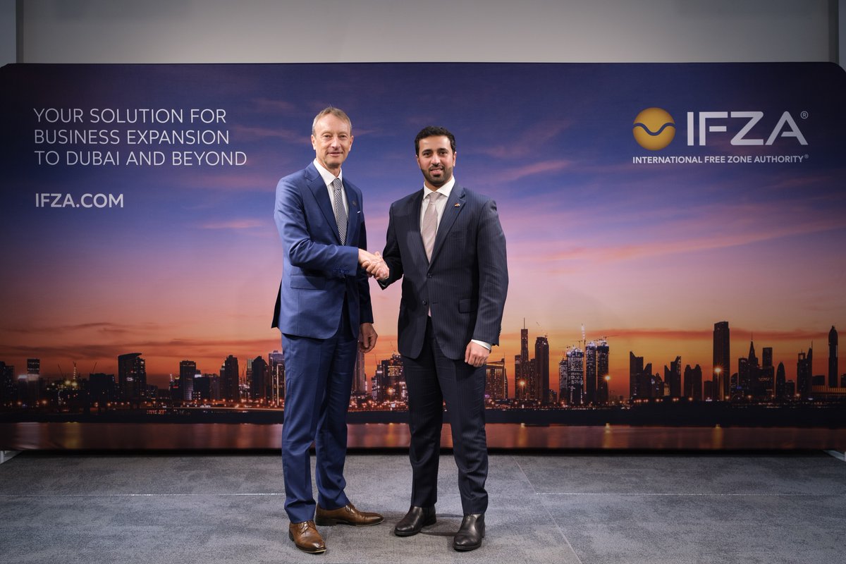 UAEinBerlin's tweet photo. Khalfan Almatrooshi, Deputy Head of Mission, delivered a closing statement at the inauguration of the new @ifzauae office in Frankfurt, which aims to enhance bilateral business relations between the #UAE & #Germany, and support the growing number of German companies in #Dubai. 🇦🇪🤝🇩🇪