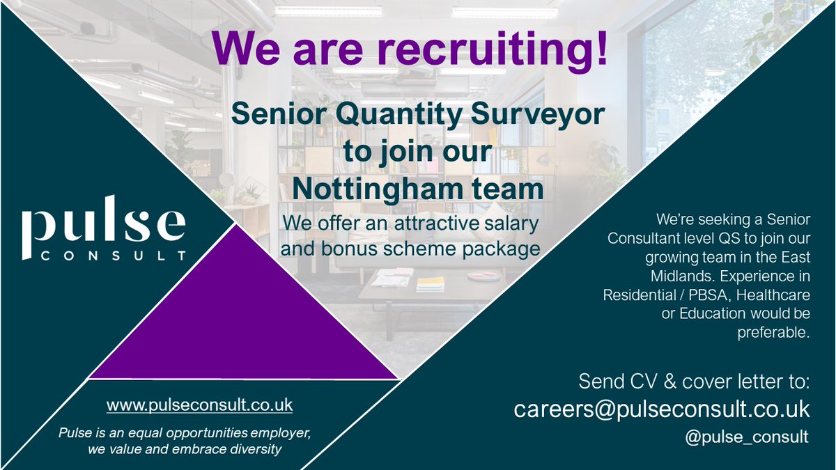 Pulse Consult (@pulse_consult) on Twitter photo 👋 WE’RE HIRING! Due to growth, we’re on the lookout for a Senior Quantity Surveyor based our of our #EastMidlands hub. Send your CV and covering letter to: careers@pulseconsult.co.uk, we’d love to hear from you.
#ConstructionJobs #hiring #recruiting #QuantitySurveying 👋 WE’RE HIRING! Due to growth, we’re on the lookout for a Senior Quantity Surveyor based our of our #EastMidlands hub. Send your CV and covering letter to: careers@pulseconsult.co.uk, we’d love to hear from you.
#ConstructionJobs #hiring #recruiting #QuantitySurveying