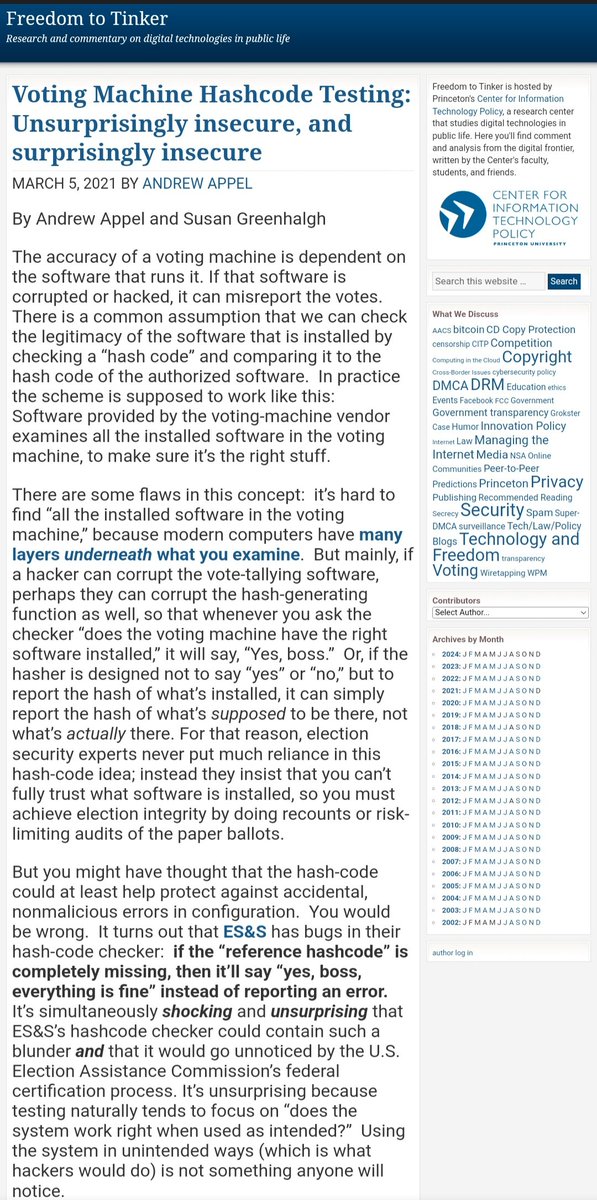Susan_Dupres's tweet image. Found this which explains "hash code testing" in layman terms.
#HashCode
freedom-to-tinker.com/2021/03/05/vot…