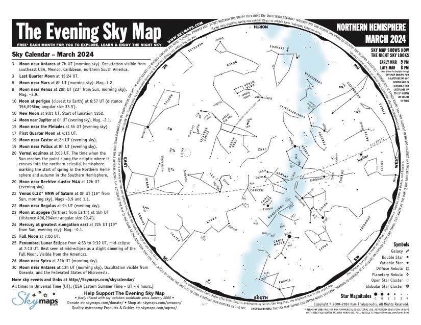 Reminder -- The Evening Sky Map (PDF) for March 2024 is now available to download at skymaps.com/tesm/ Please share & enjoy the stars this month and beyond! #stargazing #astronomy #space #stars