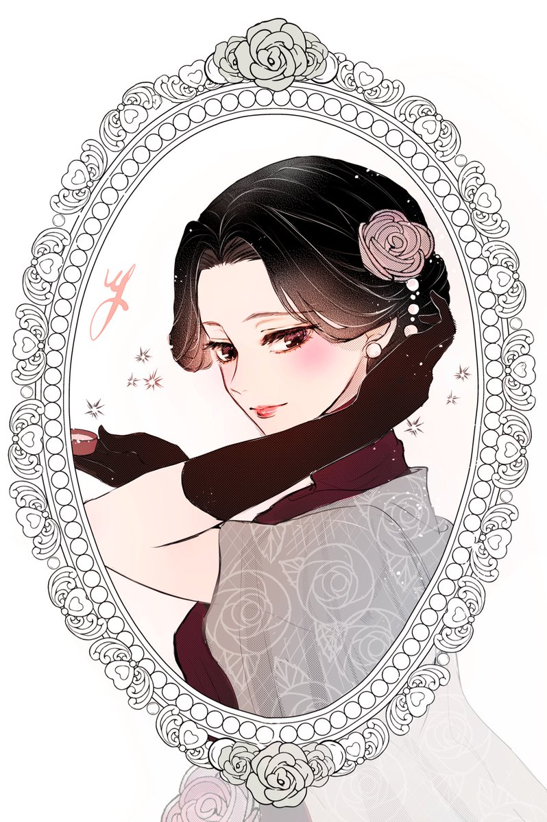 1girl solo gloves flower hair flower hair ornament black hair  illustration images