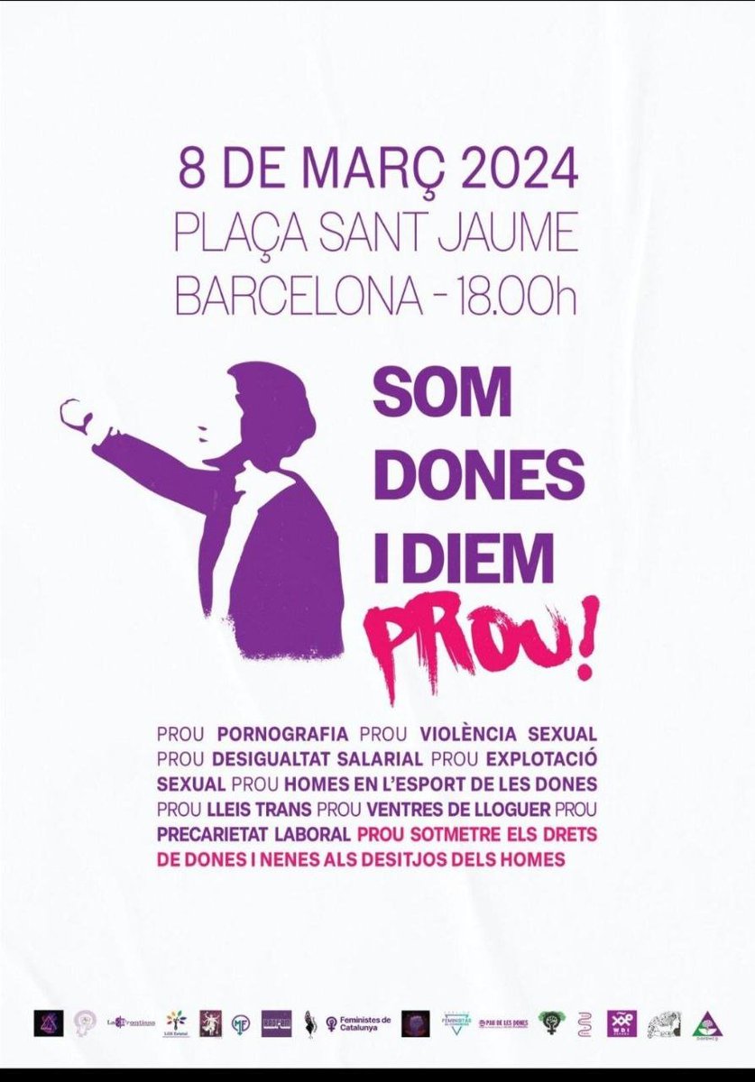 Este #8M nos sumamos a la manifestación de las compañeras feministas para decir BASTA.

- Basta de pornografía.
- Basta de explotación sexual.
- Basta de Ley Trans.
- Basta de explotación reproductiva.

Basta de pisotear a las mujeres en nuestro nombre LGB.

#SomDonesIDiemProu