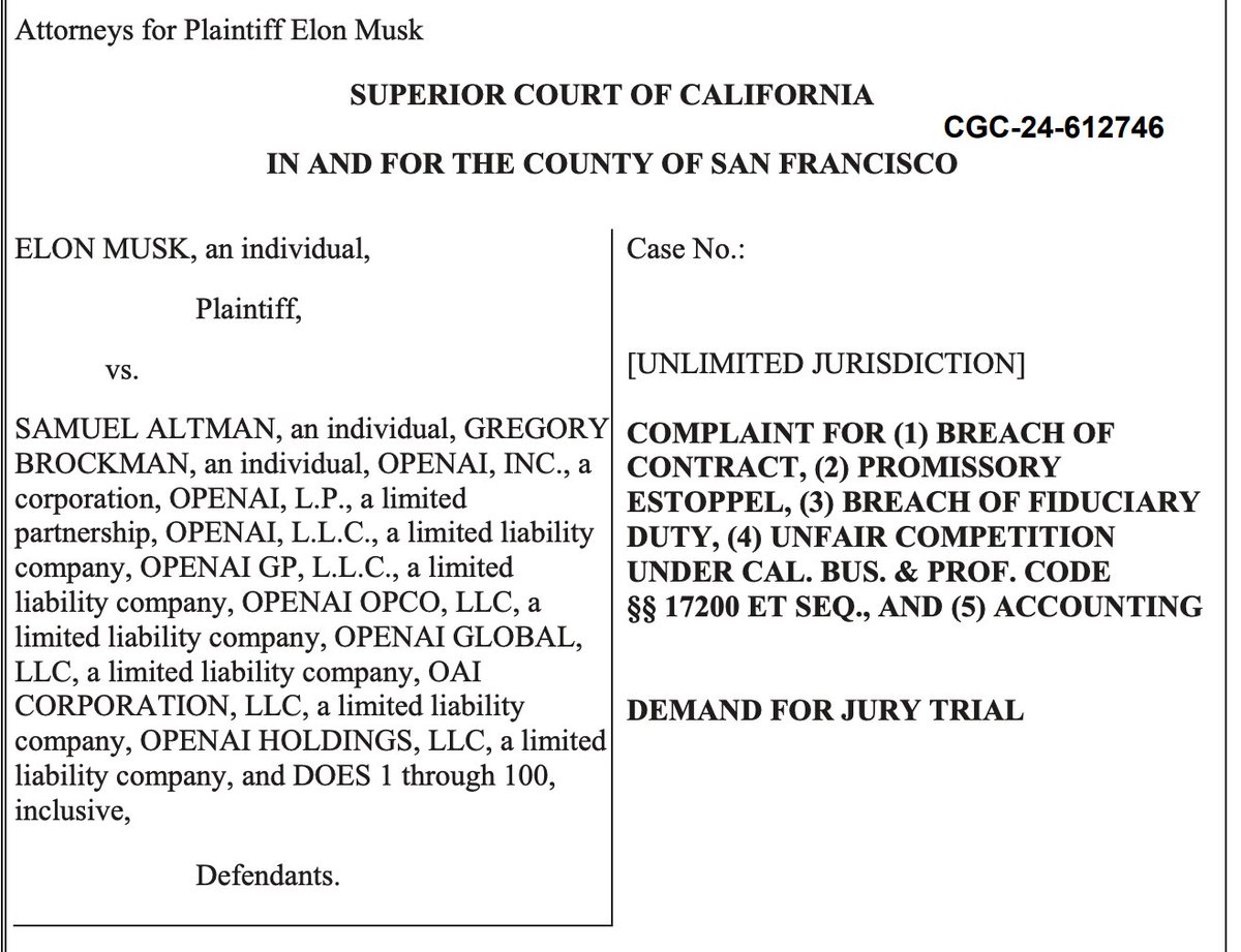 MarioNawfal's tweet image. 🚨BREAKING: ELON MUSK SUES OPENAI OVER AI THREAT

ELON IN SUIT: 

&quot;OpenAI, Inc. has been transformed into a closed-source de facto subsidiary of the largest technology company in the world: Microsoft. 

Under its new board, it is not just developing but is actually refining an…