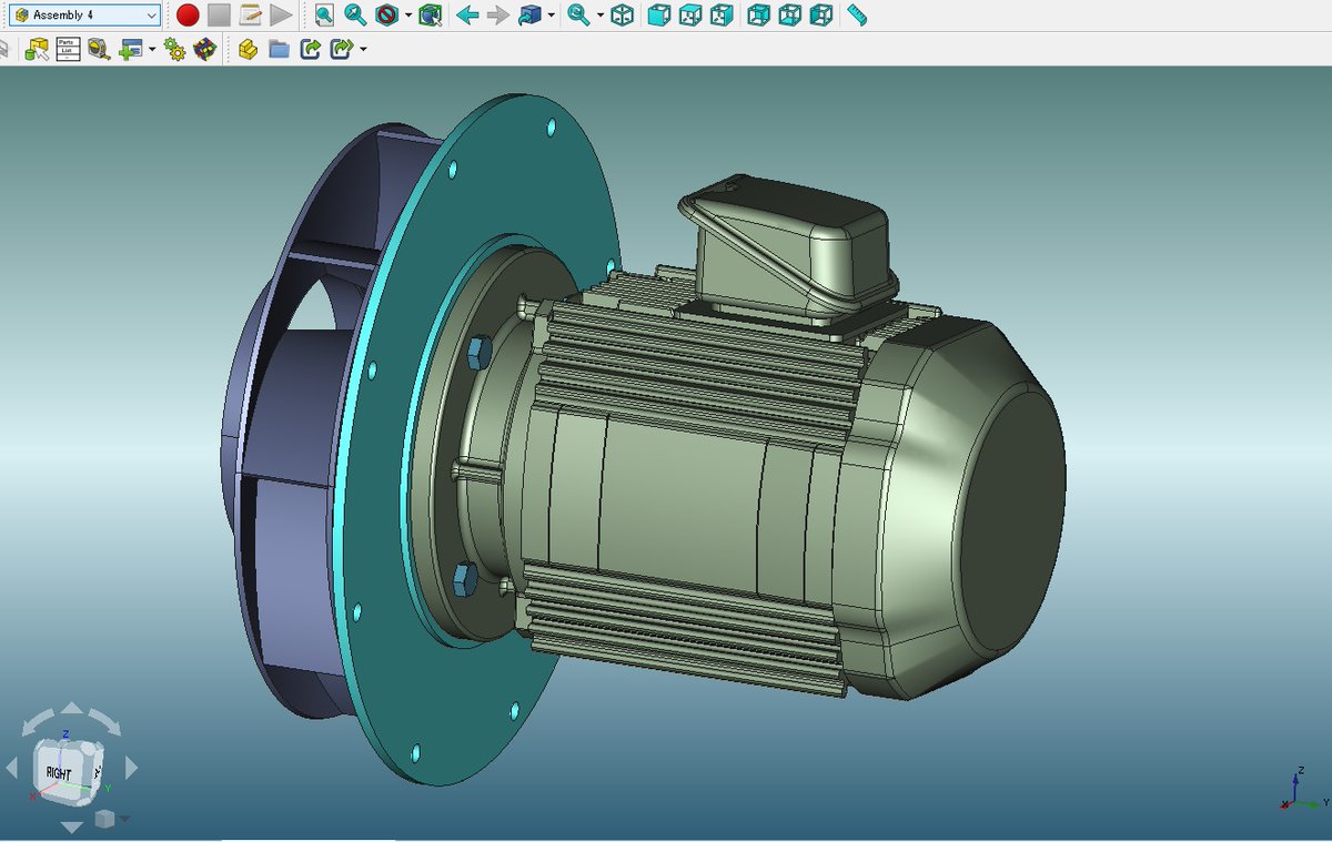 sy_paladin's tweet photo. #FreeCAD #Assembly4
仮想メカ。🍎
ターボファンのインペラと駆動モーター取付図です。
1.5Kw 2Pを、想定しています。
モーター形状はメーカーのSTEPデータを利用しています。🫶
ケーシング部は後日となります。😅 https://t.co/zeTptcPoTz