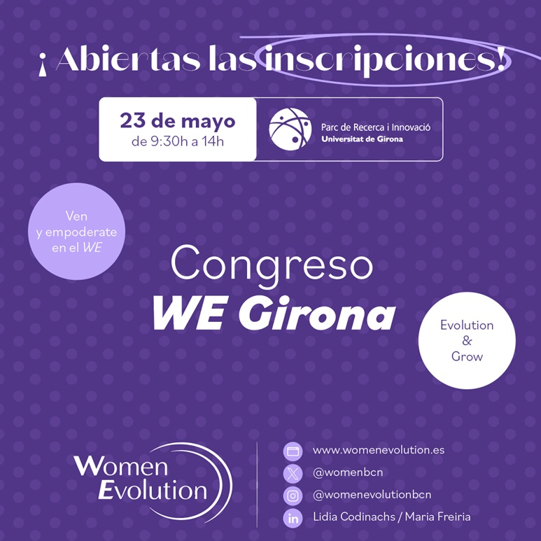 👍Women Evolution lanza un nuevo congreso en #Girona Evolution & Grow! #WeGirona -Fecha:📆23 de mayo -Hora: 🕕9:30h - 14h -Lugar:📍@ParcUdG -Reserva tu entrada: 🎟️womenevolution.es/congres-women-… #conocimiento #negocios #networking #tecnología #liderazgo #mujerprofesional #emprendedoras