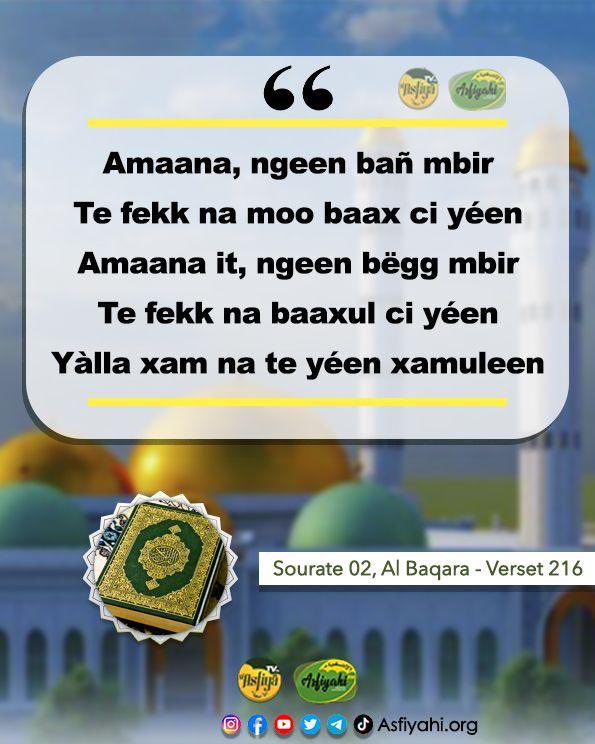 ASFIYAHI's tweet photo. Sourate 02, Al Baqara - Verset 216🖌️📚

« Li nuy xëy di daw di ko wuti suba bu jot, yal na Yàlla sunu Boroom def nu jot ci, ba jotaale ci lu kawe sunu njort, te mu doon li gën ci nun… »

Jummah Mubarak🙏 https://t.co/F8o6oyIjEE