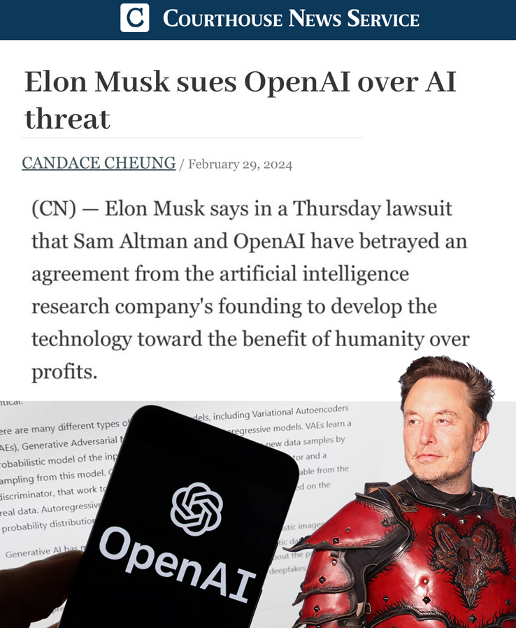 cb_doge's tweet photo. Elon Musk sues OpenAI. 

"OpenAI  has been transformed into a closed-source de facto subsidiary of Microsoft. Under its new board, it is not just developing but is actually refining an AGI to maximize profits for Microsoft, rather than for the benefit of humanity" https://t.co/u7GbTwBFjM