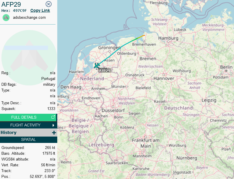 SirListenalot's tweet photo. "Unknown" #497C9F #AFP29 (24815) is a former German Navy (60+06), now Portuguese #P3 en route Nordholz - Beja, Portugal https://t.co/tvSeRefrq5