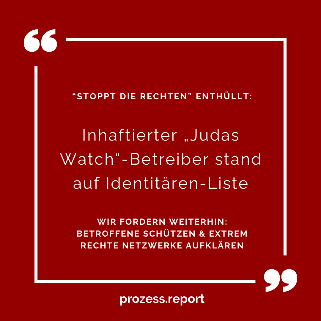 prozessreport's tweet photo. Der Admin der antisemitischen Webseite #JudasWatch stand laut @stopptrechte auf einer internen Liste der  #Identitären.  Überraschend ist nur, dass dies erst jetzt bekannt wird. 

Wir fordern weiter: Betroffene schützen &amp; extrem rechte Netzwerke aufklären! https://t.co/Oo3kjAF1Ll https://t.co/zE1q6P6YS5