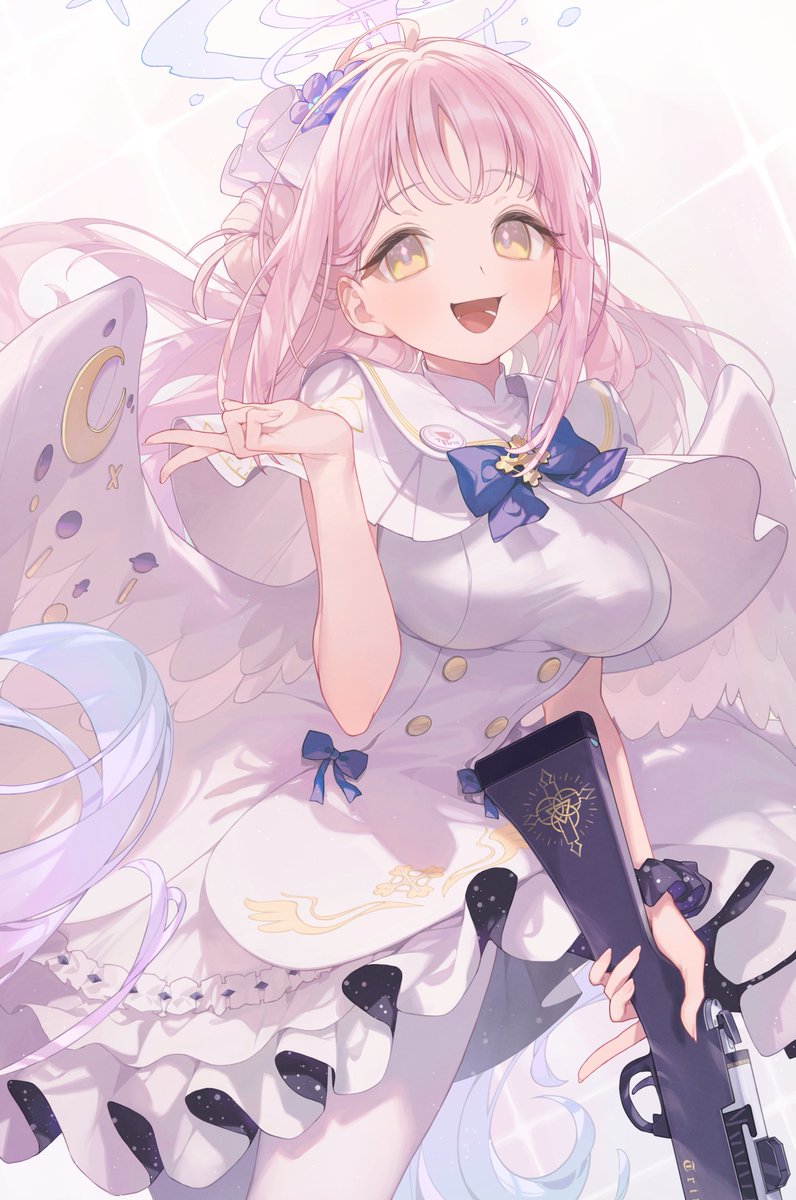 mika (blue archive) 1girl solo weapon gun pink hair long hair halo  illustration images