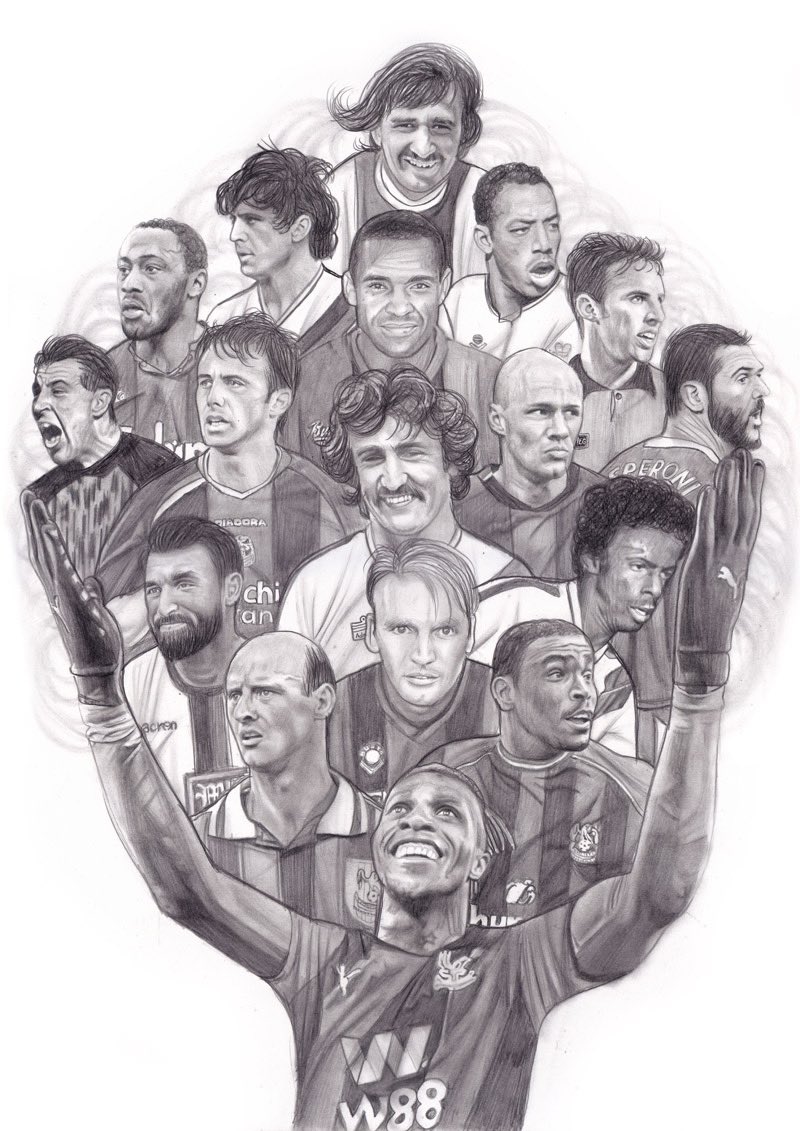 My drawing of 17 <a href="/CPFC/">Crystal Palace F.C.</a> greats✍️🔴🔵

From the top: Kember, Sansom, Wright, Gray, Bright, Southgate, Martyn, Freedman, Cannon, Johnson, Speroni, Jedinak, Thomas, Hilaire, Lombardo, Morisson, Zaha.

As always retweets are really appreciated 👍 #CPFC #eagles
