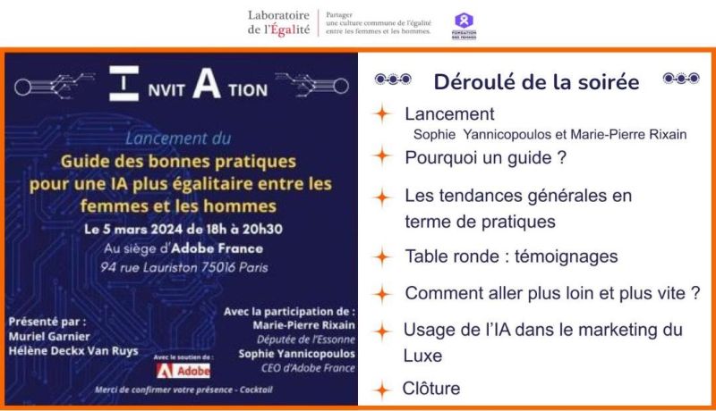 👩‍💻Save the date : Le 05 mars 2024 <a href="/Laboegalite/">Laboratoire Egalité</a> me fait l'honneur de m'inviter au lancement du Guide des Bonnes Pratiques pour une IA plus égalitaire entre les femmes et les hommes chez <a href="/AdobeFrance/">Adobe France</a> 

Pourquoi c'est important ? 3⃣convictions qui m'animent sur ce sujet : 
1⃣ les