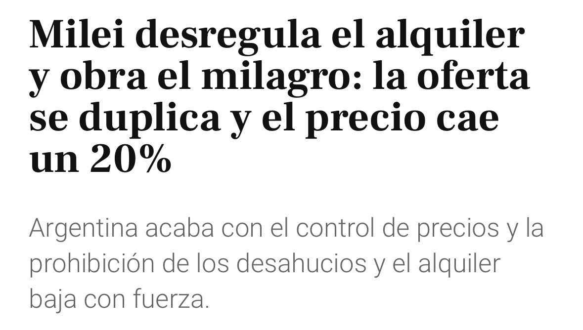 JavierSanz's tweet photo. 🚨 El precio del alquiler se desploma en Argentina y la oferta se dispara. 

¡Qué loco está Milei! Solo ha tenido que revertir las medidas comunistas de intervencionismo que tenían y se obró el
Milagro.  No verás a Yolanda Díaz, Ada Colau o Errejón comentando la noticia https://t.co/lRvKslzloF