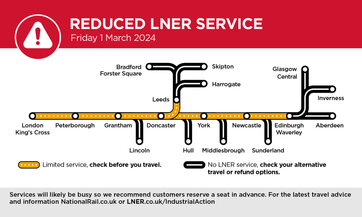 We are running a reduced service today, Fri 1 March due to industrial action. Please check your entire journey before you travel: bit.ly/411AYEG 1/3