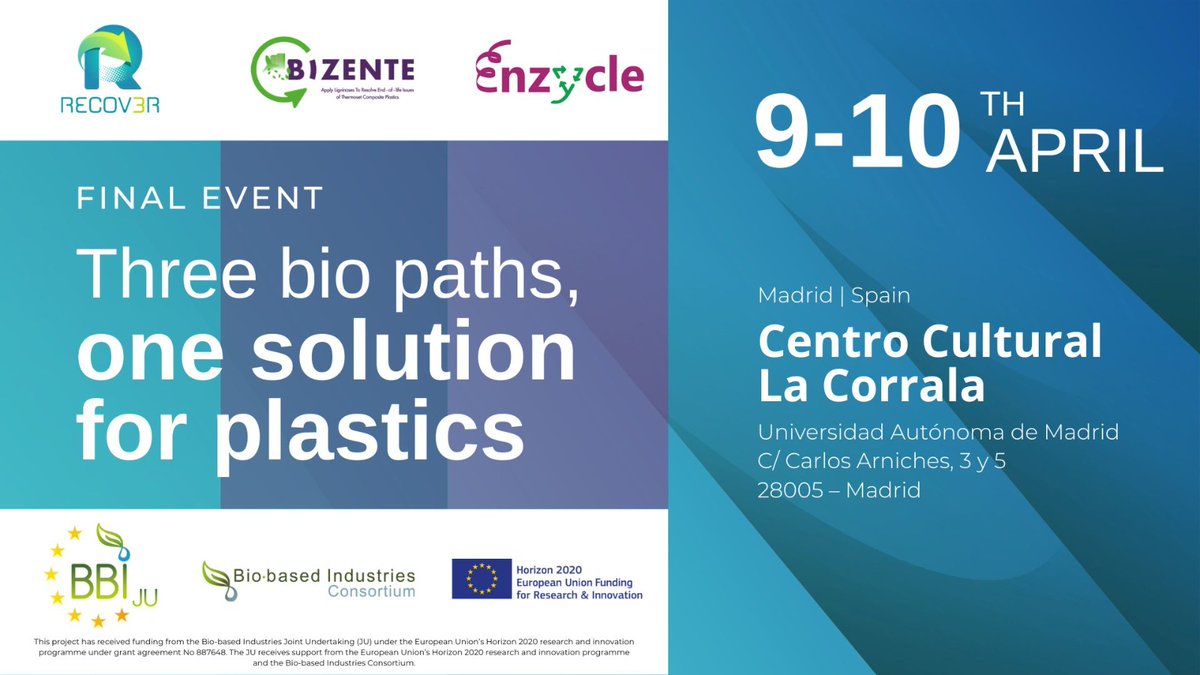 Enzycle - BBI (@enzycle_bbi) on Twitter photo We are happy to announce another joint event of <a href="/enzycle_bbi/">Enzycle - BBI</a> , <a href="/RecoverBBI/">Recover Project</a>, and <a href="/BizenteProject/">Bizente Project</a>: The final event is an on site symposium about "Three bio paths, one solution for plastics", taking place from 9th to 10th April 2024 in Madrid, Spain!
enzycle.eu/save-the-date-… We are happy to announce another joint event of <a href="/enzycle_bbi/">Enzycle - BBI</a> , <a href="/RecoverBBI/">Recover Project</a>, and <a href="/BizenteProject/">Bizente Project</a>: The final event is an on site symposium about "Three bio paths, one solution for plastics", taking place from 9th to 10th April 2024 in Madrid, Spain!
enzycle.eu/save-the-date-…
