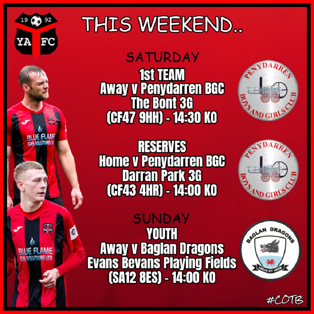 𝙏𝙃𝙄𝙎 𝙒𝙀𝙀𝙆𝙀𝙉𝘿...

Choice of two from a tough senior double header with @PenydarrenBGC tomorrow 👇

Ardal South West League
Penydarren BGC v <a href="/YAFCthebuns/">Ynyshir Albions FC</a>
The Bont 3G (CF47 9HH)
14:30 KO

FAW Reserve League
<a href="/YAFCthebuns/">Ynyshir Albions FC</a> v Penydarren BGC 
Darran Park 3G (CF43 4HR)
14:00 KO