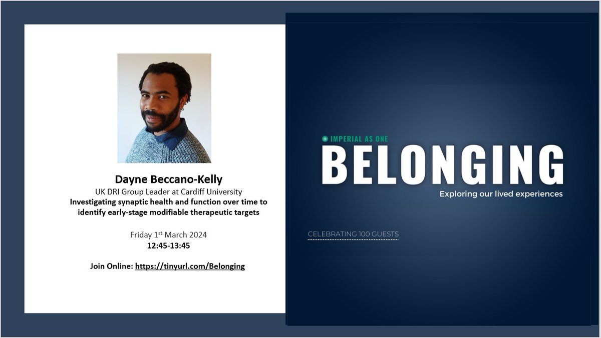 Our #Belonging Guest today is Dr Dayne Beccano-Kelly (@DayneBeccano) - UKRI Future Leaders Fellow and Group Leader @cardiffuni UK Dementia Research Institute. Please join us live at 12:45pm - follow the link: imperial-ac-uk.zoom.us/j/97621983750?…