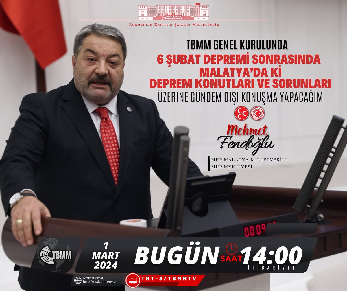 BUGÜN Saat:14:00 itibari ile TBMM Genel Kurulunda 6 Şubat Depremi Sonrasında Malatya’daki Deprem Konutları ve Sorunları ile ilgili Gündem Dışı konuşma yapacağım. Konuşmayı TRT3 ve Link üzerinden tv.tbmm.gov.tr canlı izleyebilirsiniz.