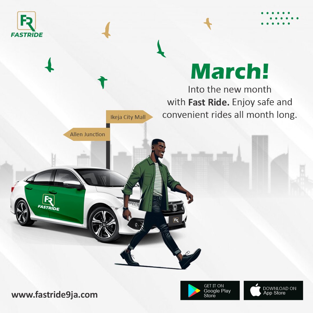 Start the new month right with Fast Ride! Safe, easy rides all March long. Let's roll together! 🚗 

Sounds good, right? download the app linktr.ee/fastrideltd

#FastRide #SafeJourneys #march #newmonth #Lagos #Nigeria #Abuja #Accra #johannesburg #Freetown